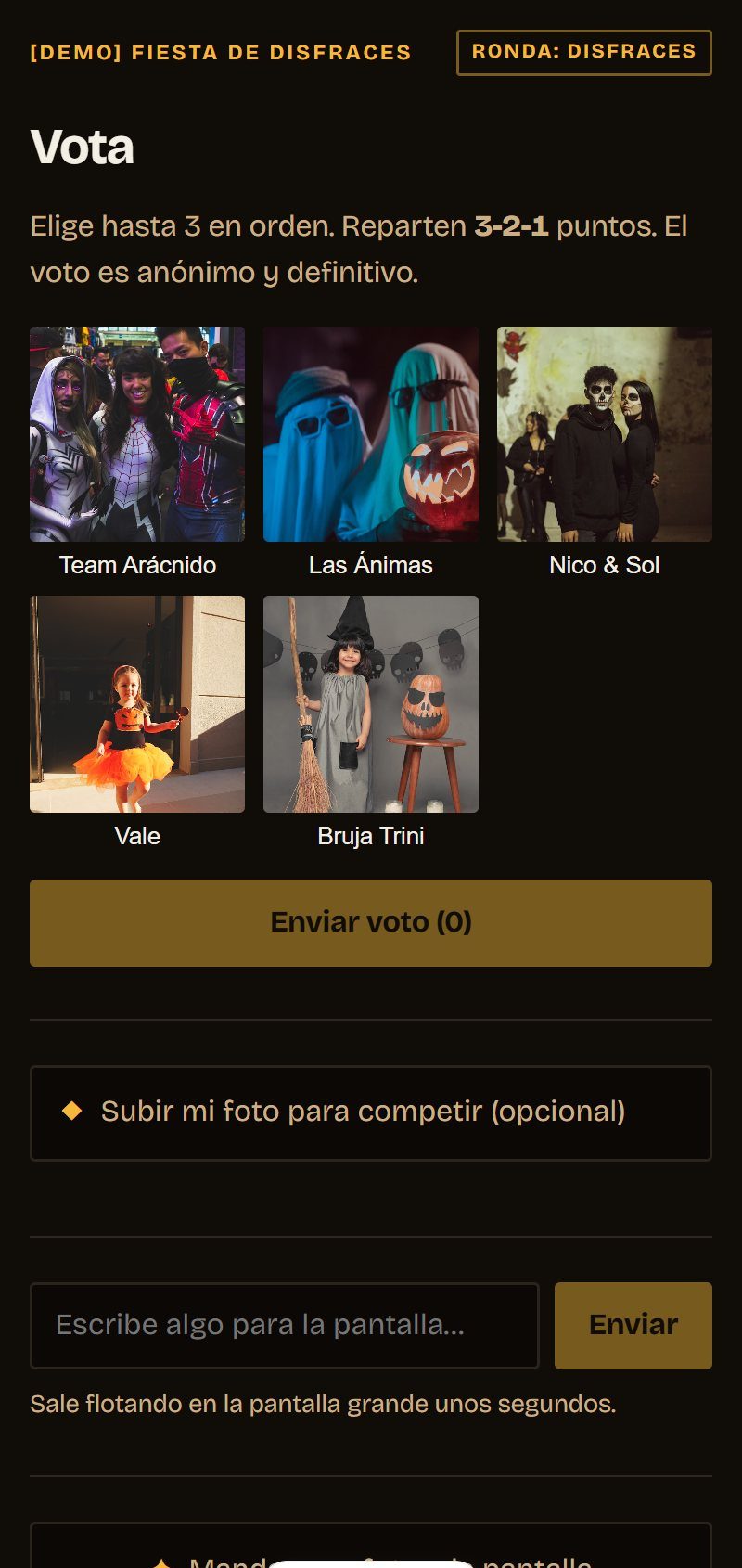 La pantalla del invitado: el título Vota con las fotos de los participantes en cuadrícula, el botón Enviar voto, y debajo las opciones de subir la propia foto para competir y de escribir un comentario para la pantalla.
